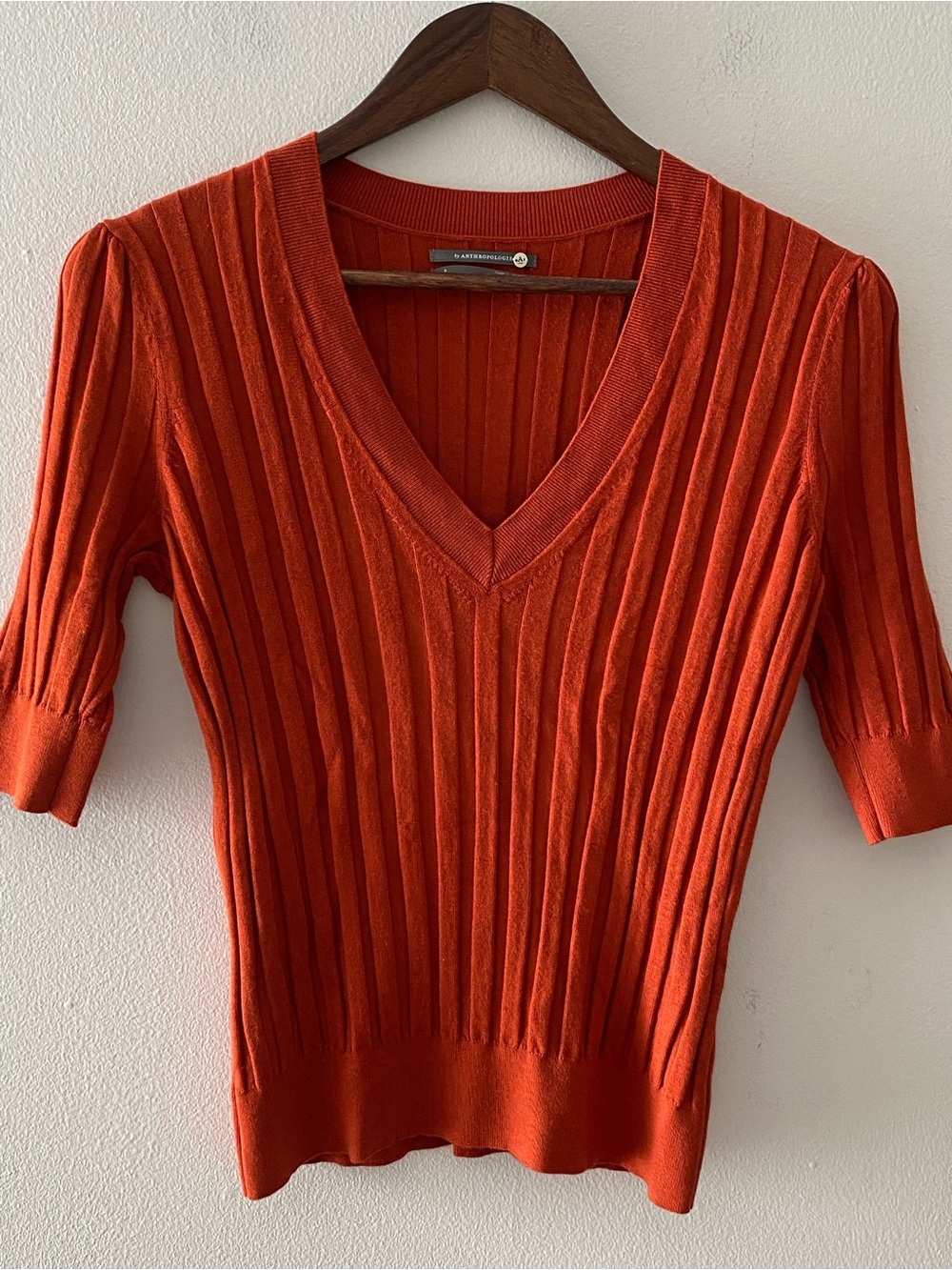 Anthropologie Ribbed V-Neck Short Sleeve Sweater Rust Orange